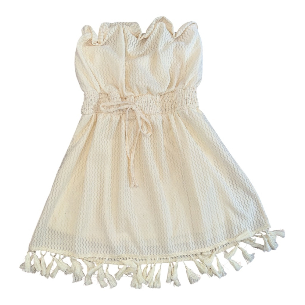 Shein Textured Cotton Strapless Summer Dress, White, Large, Tassel Trim